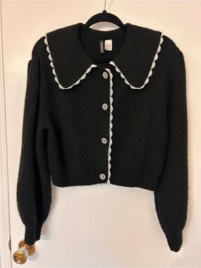 H&M Black Cropped Cardigan with White Lace Trim